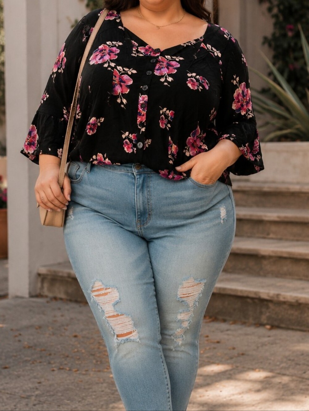 Torrid Black Floral Button-Front Blouse Plus Size Pink Flower Boho Cottagecore